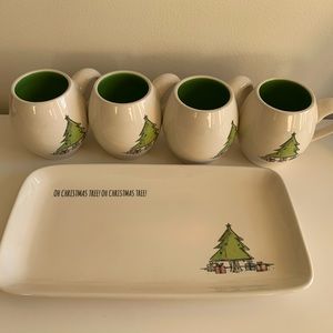 Rae Dunn Christmas Tree Artesan Collection Set 4 Cups/4 Appetizer Plates/Platter